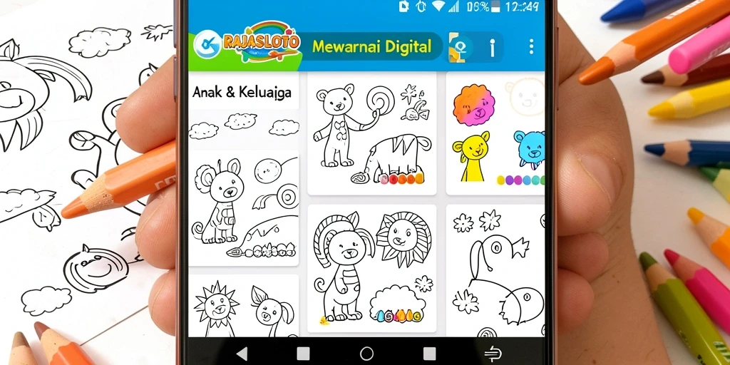Tampilan antarmuka aplikasi Mewarnai Digital RAJASLOTO yang interaktif dan ceria.