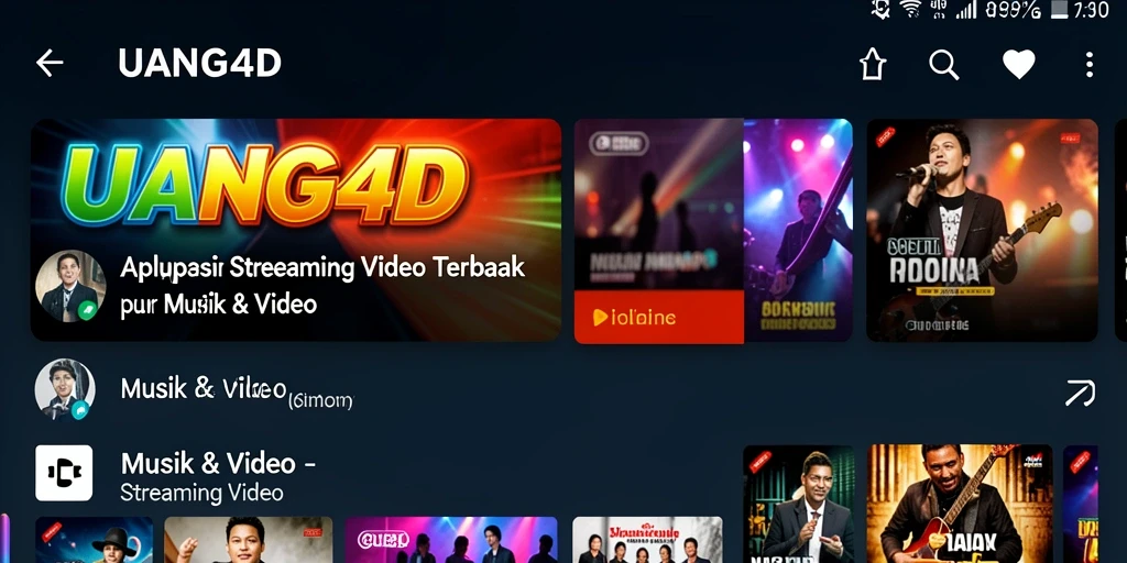 Antarmuka utama aplikasi UANG4D menampilkan berbagai pilihan video dan musik.